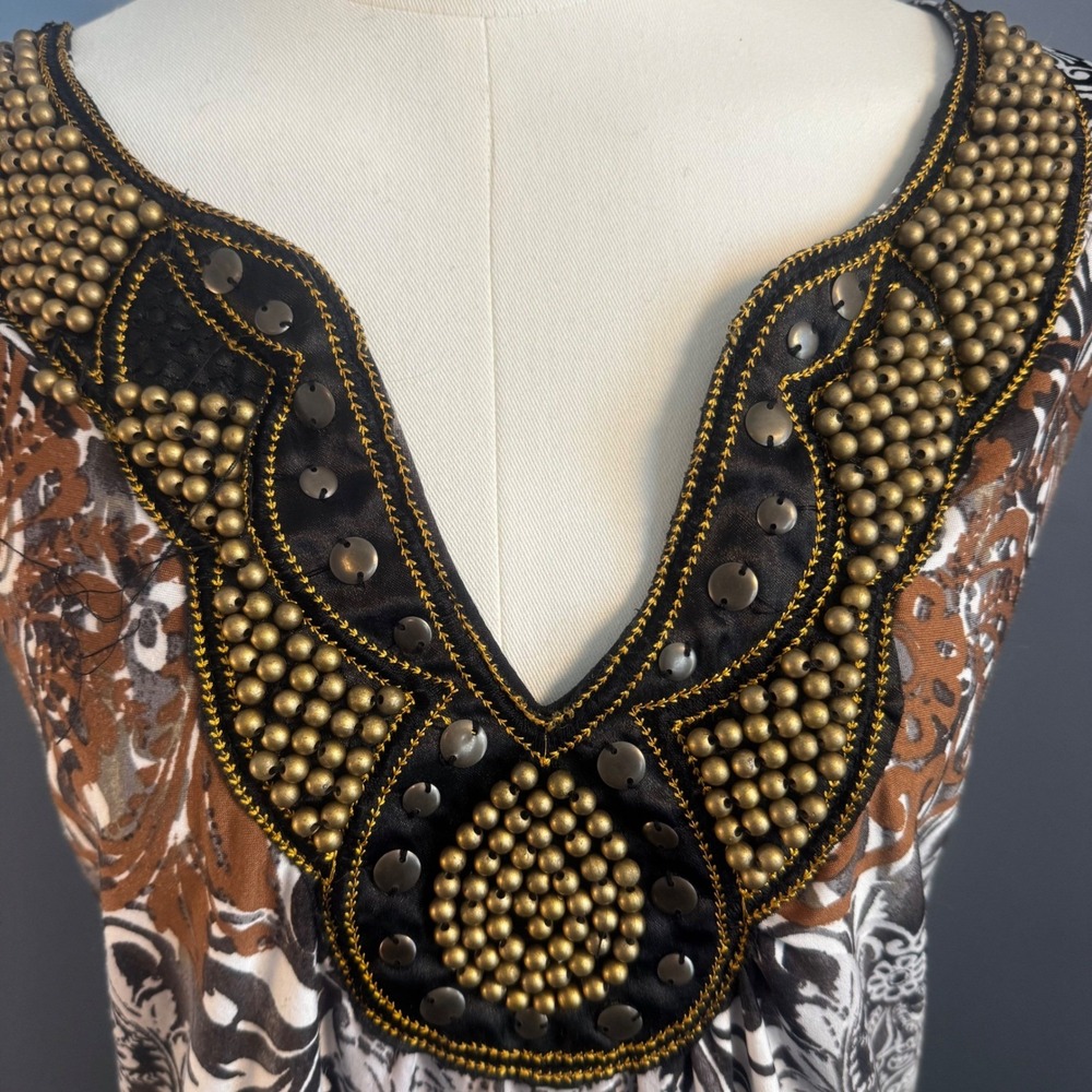 Boho Maxi Dress 0X 14/16W Embellished Beaded Neck Brown Black Stretch Resort - Picture 11 of 16